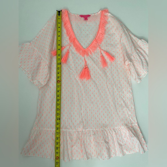 Lilly Pulitzer Kipper Cover-up Minidress Tangelo Neon Clip Tassels White coral - Picture 7 of 9